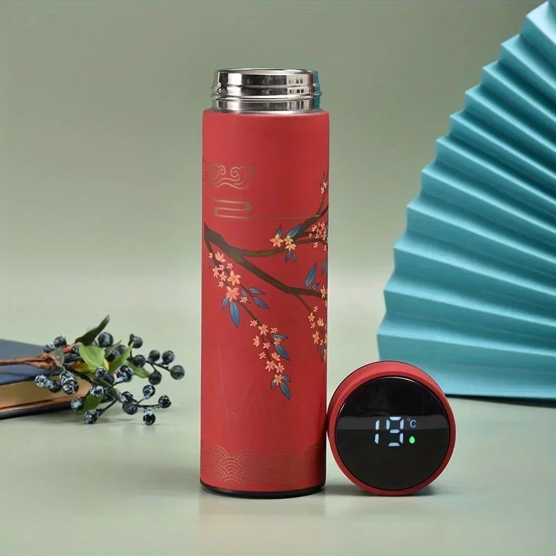 Retro Smart Temperature Display Insulated Cup,  Chinese Style Thermal Water Bottle, Stainless Steel Water Cup