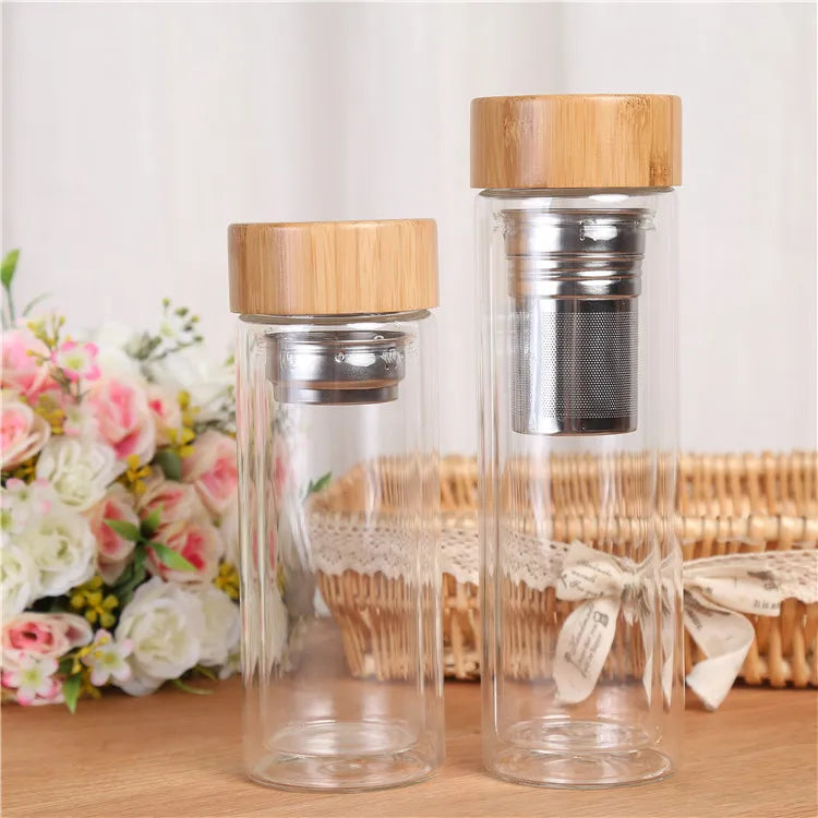 300/400/500ML Double Wall Glass Water Bottle Stainless Steel Filters Bamboo Lid Travel Home Drinkware Tea Infuser Office Tea Cup