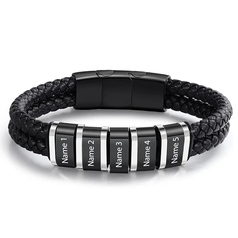 Custom Name Bracelets for Men Personalized Leather Bracelet with 1-5 Family Names Customized Gifts Jewelry for Dad Husband Son