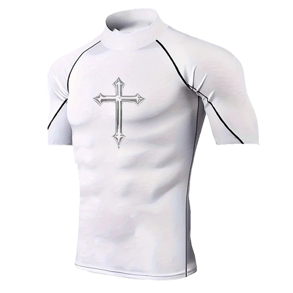 Men's Cross Print High Neck Breathable Training T-Shirt Quick-drying Long Sleeve Fitness Workout Stretch Tight Top S-3XL