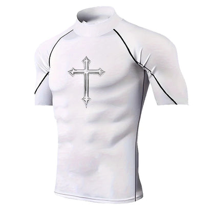 Men's Cross Print High Neck Breathable Training T-Shirt Quick-drying Long Sleeve Fitness Workout Stretch Tight Top S-3XL