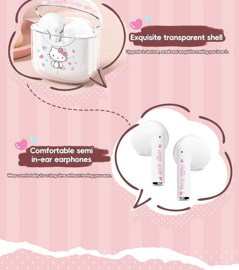 EBL19 Tws Wireless Bluetooth Headset Transparent Case Cute Hello Kitty Design Stereo Sound Earphones for All Smartphones