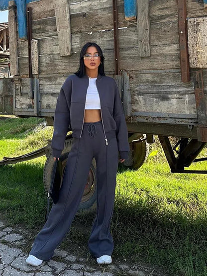 Autumn Outfits For Women 2 Piece Set Solid Color Zipper Loose Jacket + Drawstring Wide-leg Trousers Camping Tenue De Sport Femme