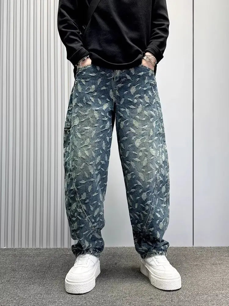 Jacquard Full Print Men's Jeans Retro Straight Loose Trend High Street Scimitar Long Pants 2025 Spring And Summer New