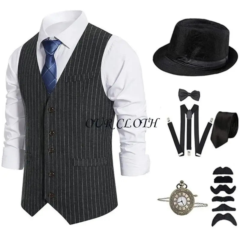 1920s Mens Costume Roaring 20s Outfit Accessories 1920s Men Mafia Costume 20s Gangsters Vest Hat Pocket Watch Suspenders Y1AC