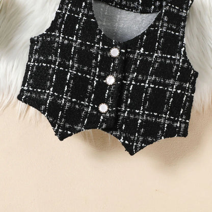 Autumn Winter Fashion Kids Outfits Set Toddler Long Sleeve Lace Tops Plaid Vest Jacket With Skirts For Girls Casual Elegant Wear