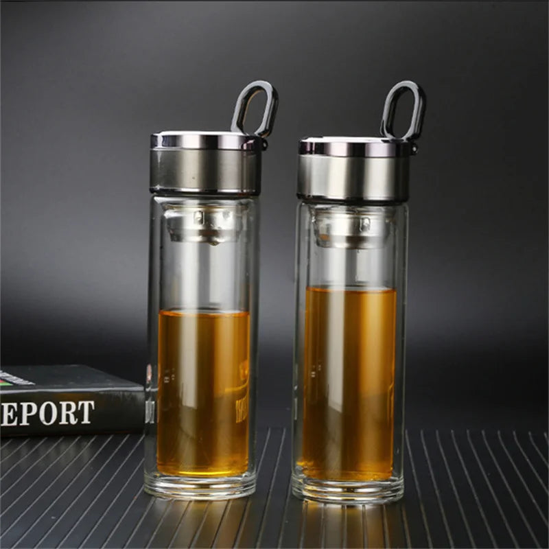 Smart Double Wall Glass Water Bottle With Filter Touch Display Stainless Steel Strainer Clear Drinking Tea Bottle With Handle