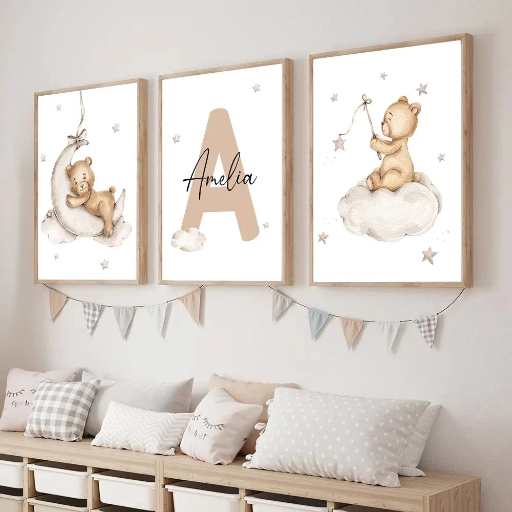 Baby Custom Name Wall Art Canvas Painting Cartoon Cute Bear Posters And Prints Nursery Nordic Wall Pictures Kids Room Decoration