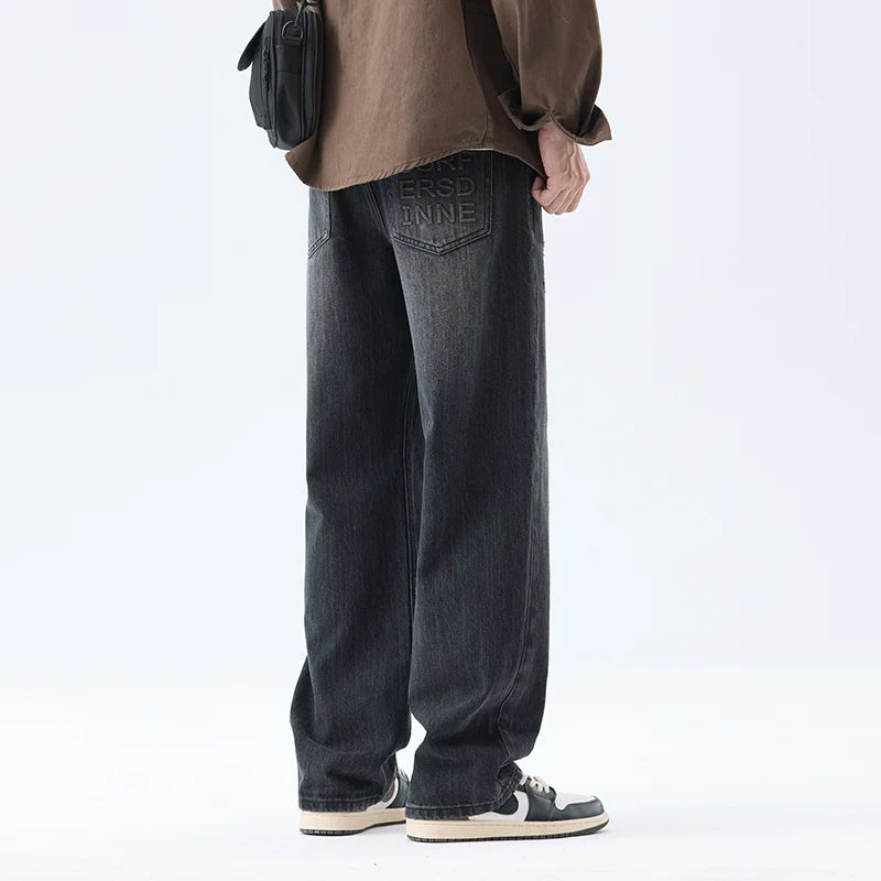 Fashionable Men's Washed Straight Jeans 2025 Autumn New Embroidered Letter Pattern Loose Denim Casual Pants Size 28-40