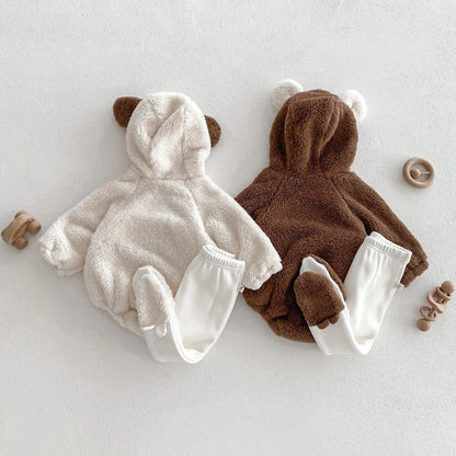 Baby Hooded Romper Bear Ears Cute Plush Baby Clothes Winter 0-2 Years Old Korean version Baby Clothes Baby Romper