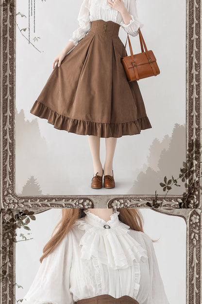 Autumn Winter Clothing Set Ladies Elegant Long Sleeve White Shirt Blouses Retro Vest with Fishbone Skirt Lolita 3 Piece Outfits