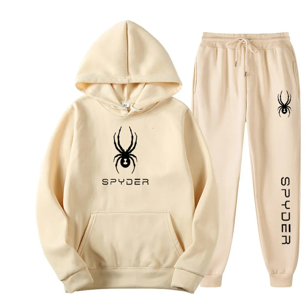 .A casual sports outfit consisting of a long-sleeved hooded t-shirt and elastic-waist pants.