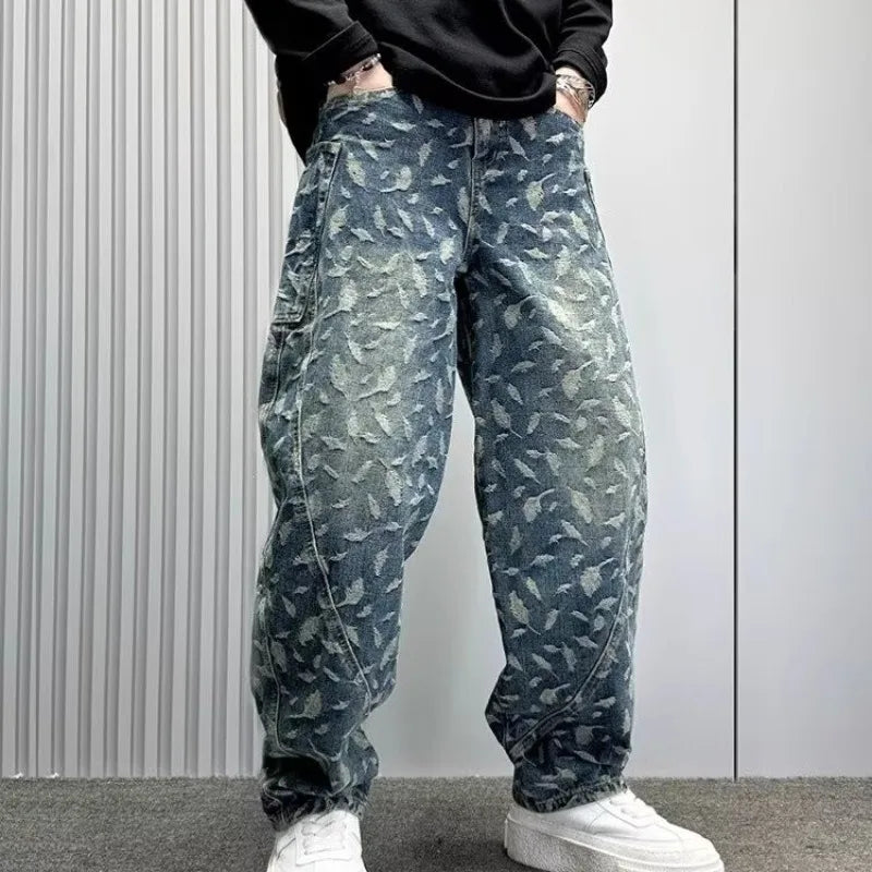 Jacquard Full Print Men's Jeans Retro Straight Loose Trend High Street Scimitar Long Pants 2025 Spring And Summer New