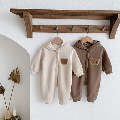 2023 Winter Warm Newborn Baby Clothes Boys Cotton Babies Romper Cartoon Bear Long Sleeve Hooded Girl Bodysuit for 0-24M Clothing