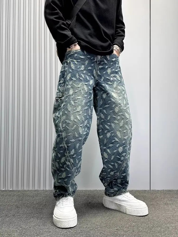 Jacquard Full Print Men's Jeans Retro Straight Loose Trend High Street Scimitar Long Pants 2025 Spring And Summer New