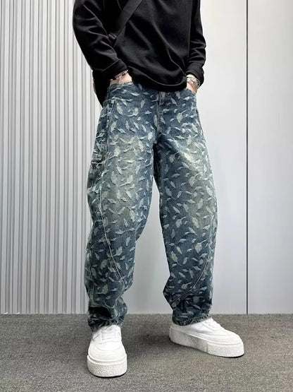 Jacquard Full Print Men's Jeans Retro Straight Loose Trend High Street Scimitar Long Pants 2025 Spring And Summer New