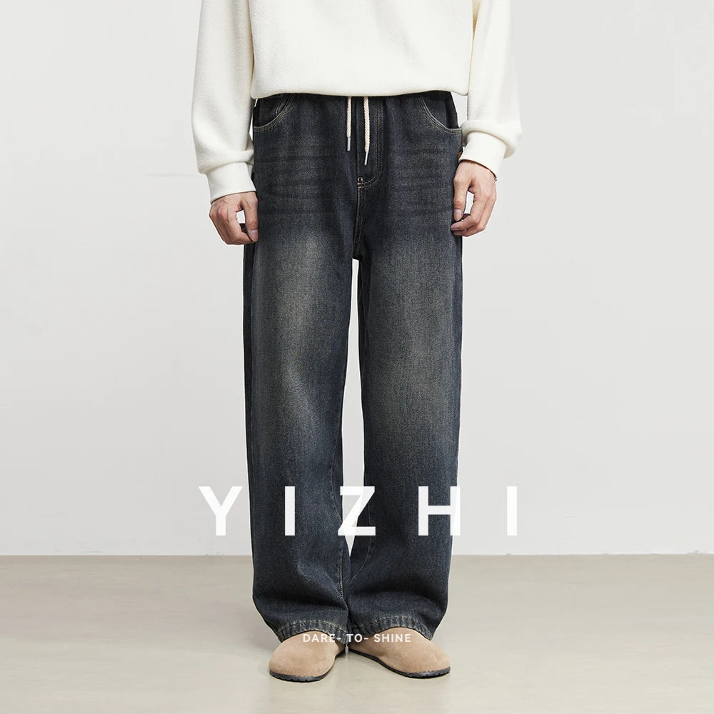 Fashion Men's Casual Thick Jeans 2025 Autumn Winter New Elastic Waist Fleece Lined Washed Loose Straight Leg Casual Long Pants