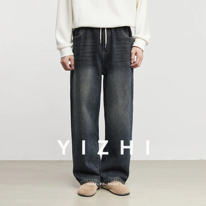 Fashion Men's Casual Thick Jeans 2025 Autumn Winter New Elastic Waist Fleece Lined Washed Loose Straight Leg Casual Long Pants