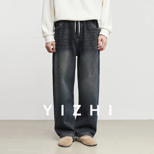 Fashion Men's Casual Thick Jeans 2025 Autumn Winter New Elastic Waist Fleece Lined Washed Loose Straight Leg Casual Long Pants