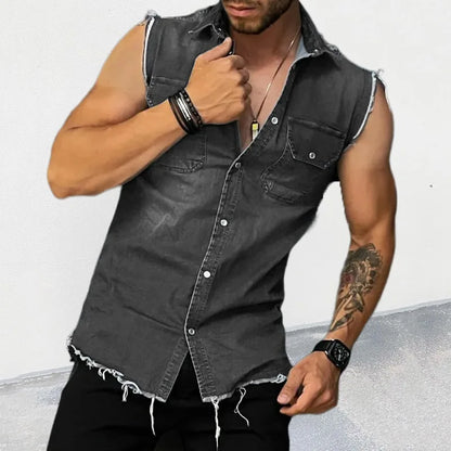 Denim Tank Tops Men's Trendy Shirts Denim Cardigan Lapel Sleeveless Top Men Tank Top Singlet Men Summer Clothing Streetwear