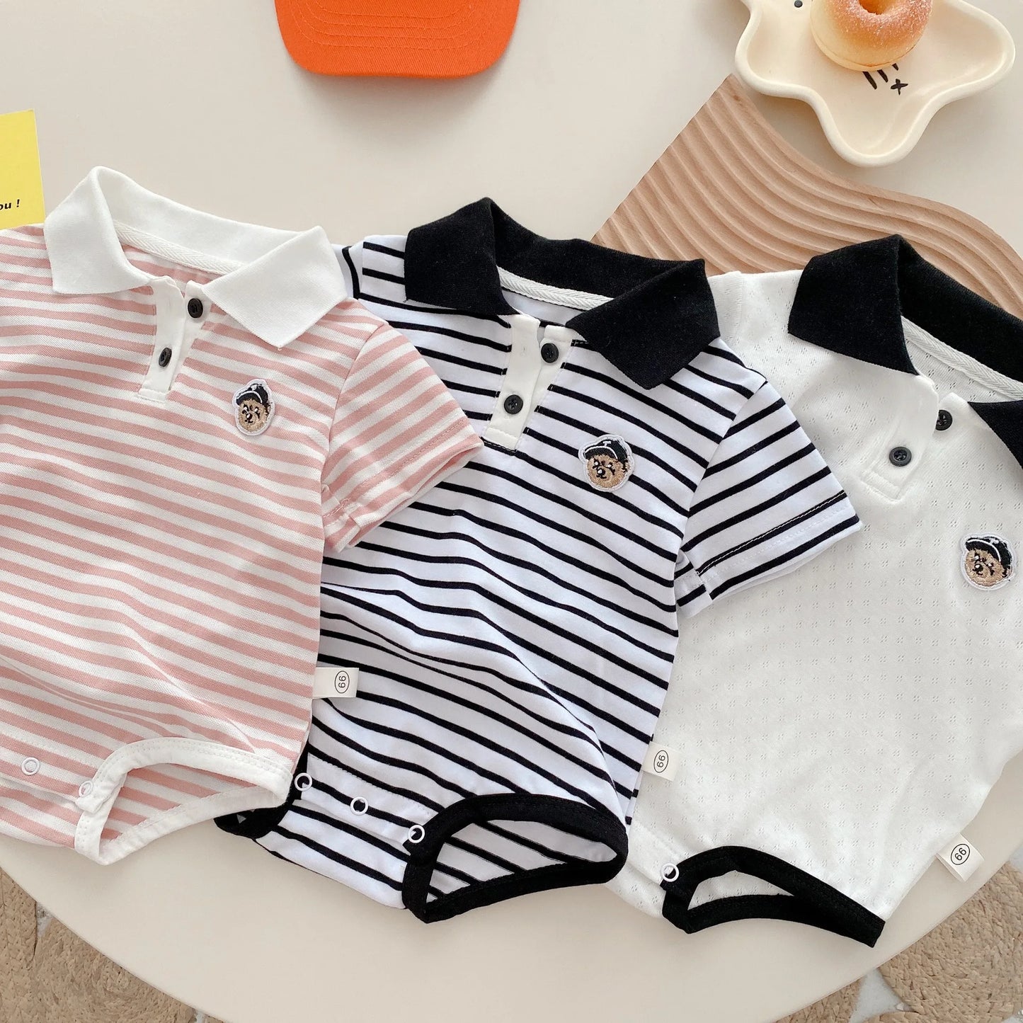 Baby Striped Hoodie for Boys Aged 0-2 in Summer, Stylish Teddy Bear Jumpsuit for Newborns, Trendy Fart Bag Outfit