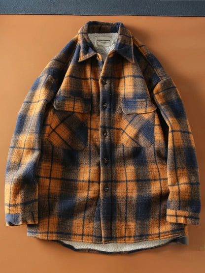 Autumn Winter American Sle Men's Casual irt Collared Fce Lined Thiened Brued Plaid Lamb Velvet Coat Youth Trend