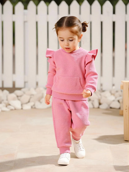 2-piece set of fashionable and casual round neck long sleeved hoodie and pants for baby girls in autumn