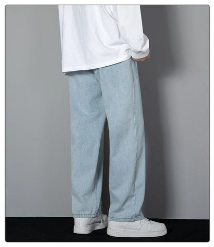2025 New Korean Men's Casual Long Jeans Classic Man Straight Denim Wide-leg Pants Solid Color Light Blue Grey Black