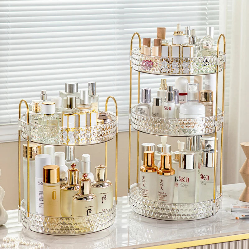 360° Rotating Cosmetic Organizer 3 Tier Transparent Diamond Pattern Cosmetic Rack Bathroom Cosmetic Vanity Organizer Countertop