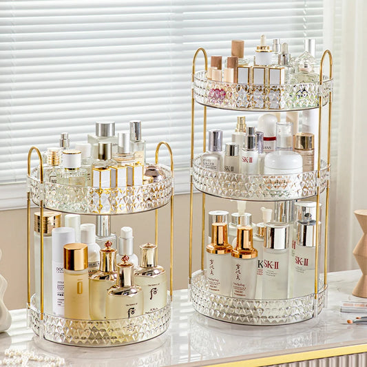 360° Rotating Cosmetic Organizer 3 Tier Transparent Diamond Pattern Cosmetic Rack Bathroom Cosmetic Vanity Organizer Countertop