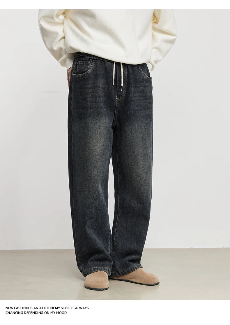 Fashion Men's Casual Thick Jeans 2025 Autumn Winter New Elastic Waist Fleece Lined Washed Loose Straight Leg Casual Long Pants