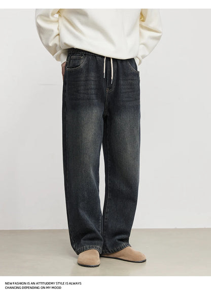 Fashion Men's Casual Thick Jeans 2025 Autumn Winter New Elastic Waist Fleece Lined Washed Loose Straight Leg Casual Long Pants