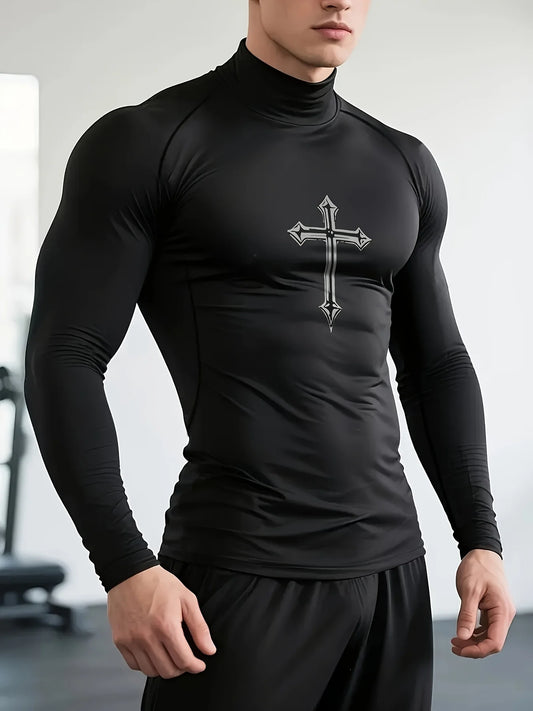 Men's Cross Print High Neck Breathable Training T-Shirt Quick-drying Long Sleeve Fitness Workout Stretch Tight Top S-3XL
