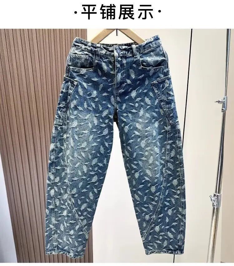 Jacquard Full Print Men's Jeans Retro Straight Loose Trend High Street Scimitar Long Pants 2025 Spring And Summer New