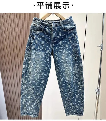 Jacquard Full Print Men's Jeans Retro Straight Loose Trend High Street Scimitar Long Pants 2025 Spring And Summer New