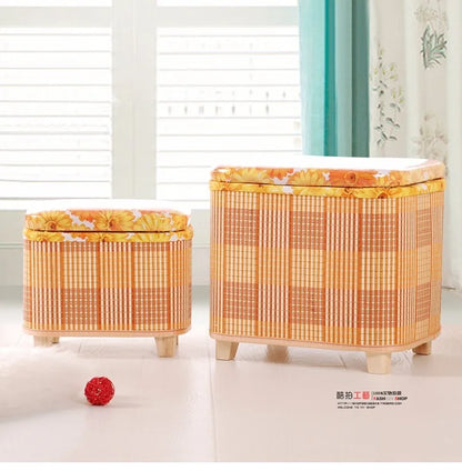 Eco-Friendly Bamboo Woven Storage Stool Wooden Multi-Functional Organizer Box Sofa Bench for Hallway Balcony Shoe Footrest