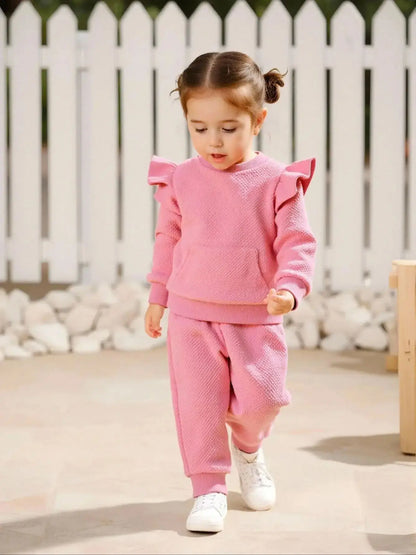 2-piece set of fashionable and casual round neck long sleeved hoodie and pants for baby girls in autumn