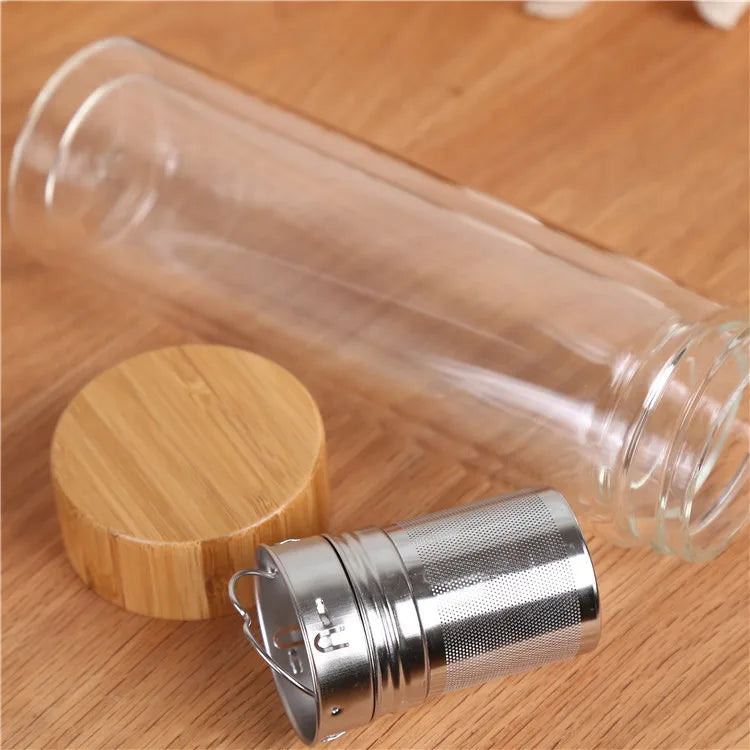 300/400/500ML Double Wall Glass Water Bottle Stainless Steel Filters Bamboo Lid Travel Home Drinkware Tea Infuser Office Tea Cup