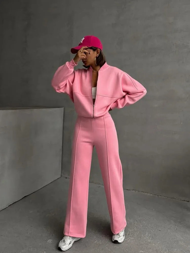 Autumn Outfits For Women 2 Piece Set Solid Color Zipper Loose Jacket + Drawstring Wide-leg Trousers Camping Tenue De Sport Femme