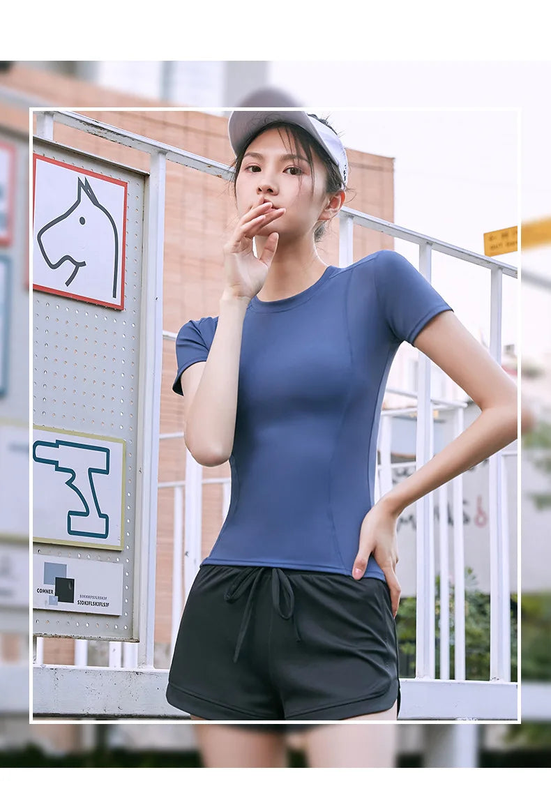 Fitness Sports T-shirt Women Solid Color V Neck Short Sleeve Moisture Wicking Athletic Shirts Top Ladies Sport Activewear Top