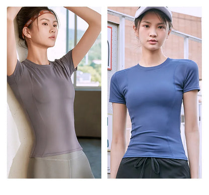 Fitness Sports T-shirt Women Solid Color V Neck Short Sleeve Moisture Wicking Athletic Shirts Top Ladies Sport Activewear Top