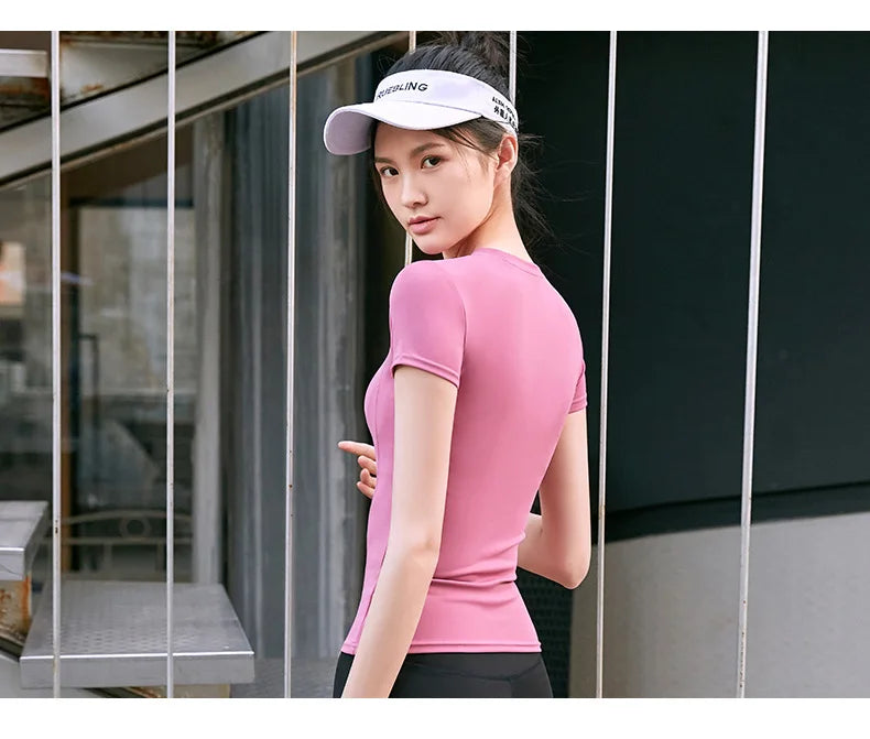 Fitness Sports T-shirt Women Solid Color V Neck Short Sleeve Moisture Wicking Athletic Shirts Top Ladies Sport Activewear Top