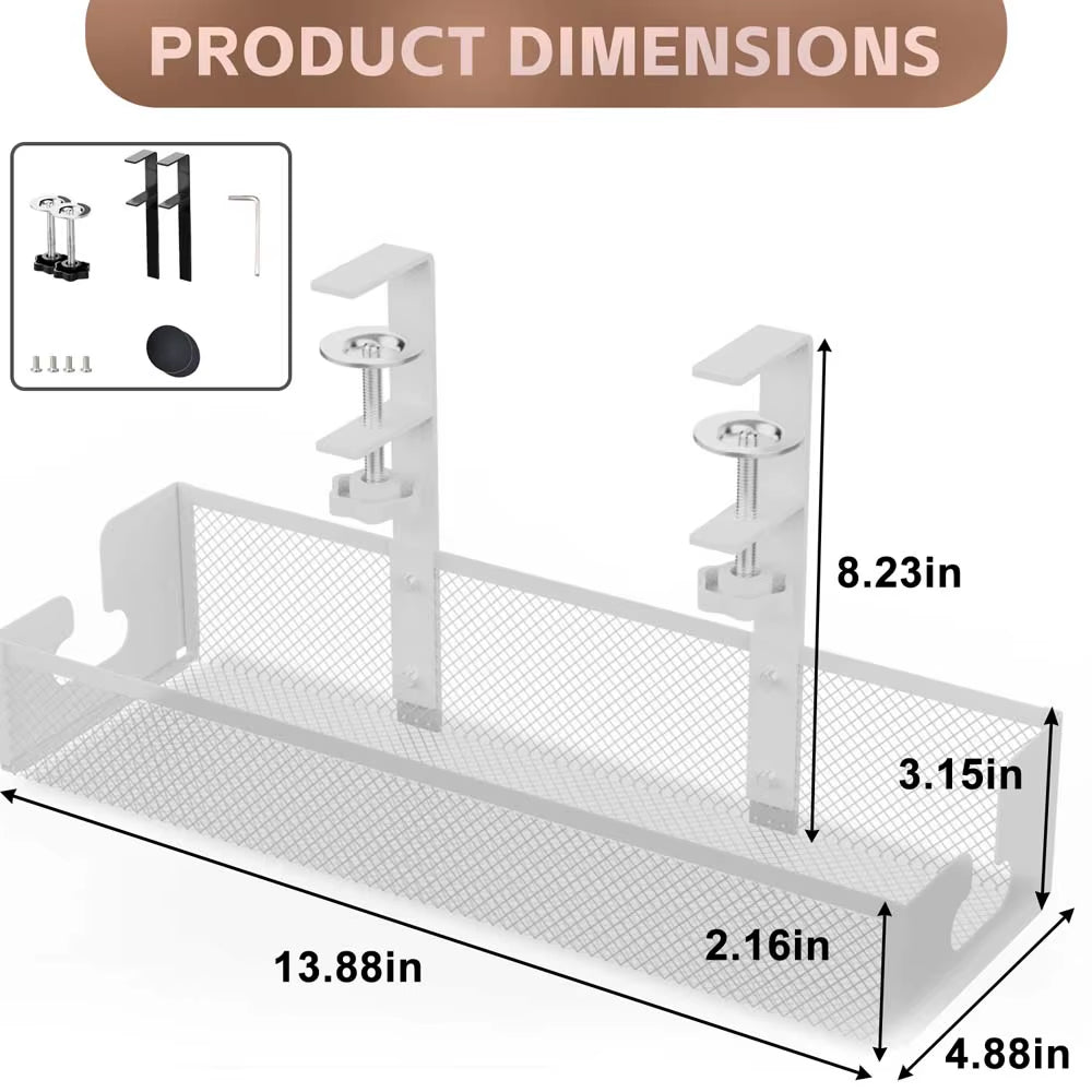 Cable Management under Desk Shelf Basket No Drill Steel Desk Cable Organizers Wire Storage Tray Cable Managements Box for Office