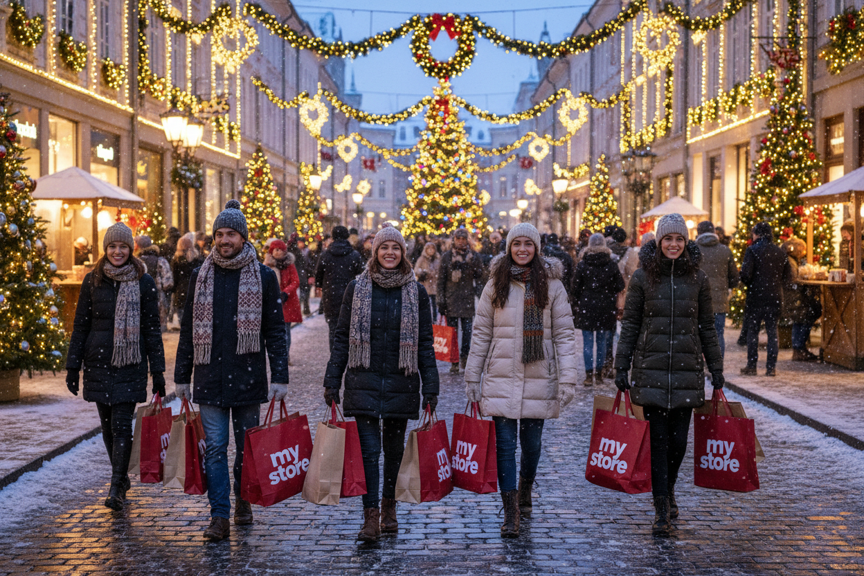 generate me an image of people doing shopping in winter and display the name 'my store' on their shopping bags 
