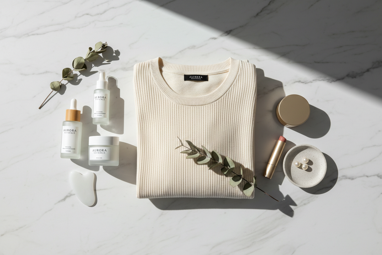 generate me one image for my stor by taking some clothing and skin care products from my store  